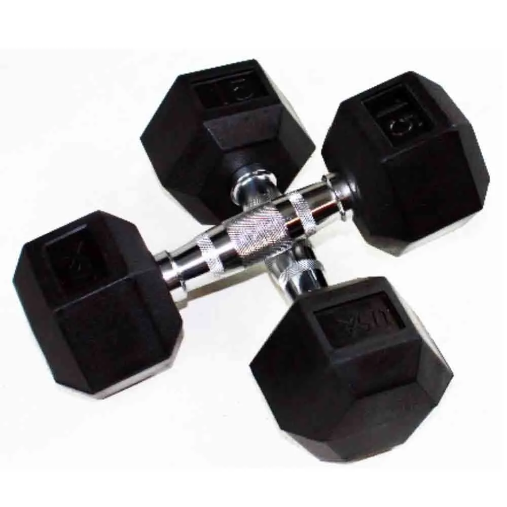 USA 5 lb to 50 lb 6 Sided Rubber Encased Dumbbell Set with Rack