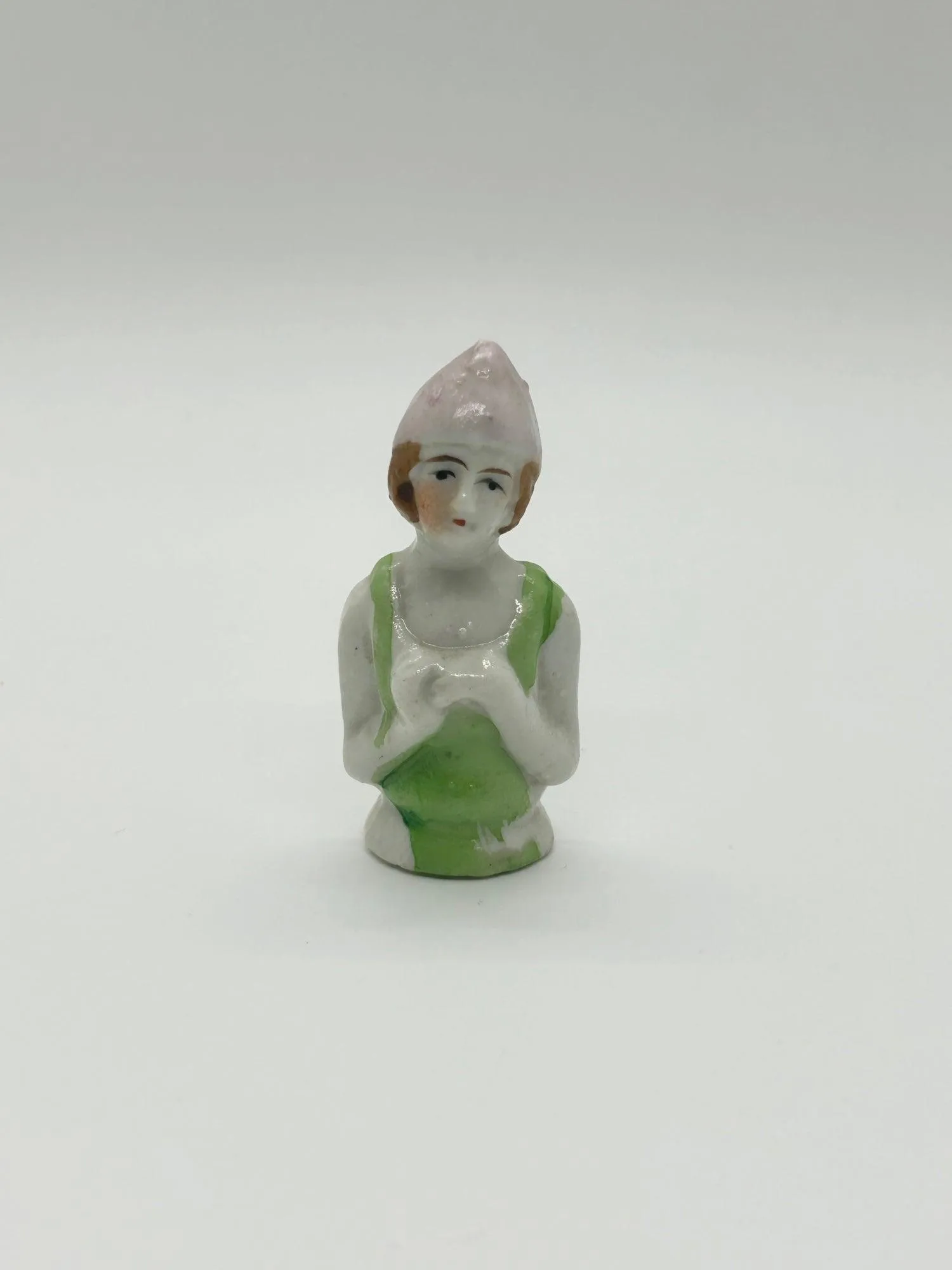 Vintage 1930s Japan Porcelain Sewing Pincushion Flapper Doll in Green