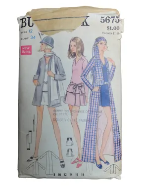 Vintage 60s Mod Chic Two Piece Mini Dress Long Floor Length Coat & Scarf Sewing Pattern | Size XS-S