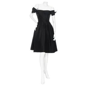 Vintage Black Taffeta Fit and Flare Shoulder-Bow Cocktail Dress