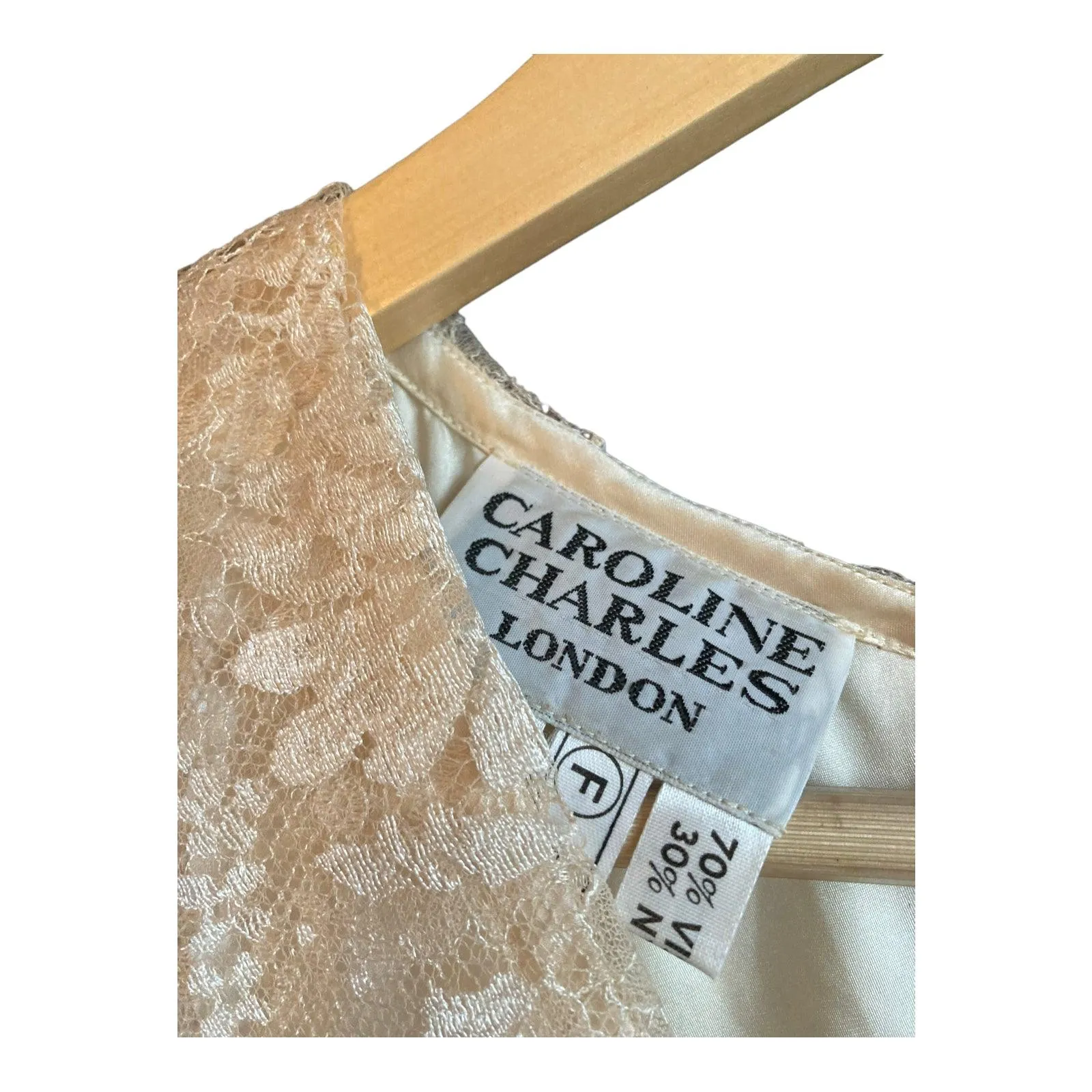 Vintage Caroline Charles London Cream Lace Overlay 3/4 Sleeve Long Line Dress UK Size 10