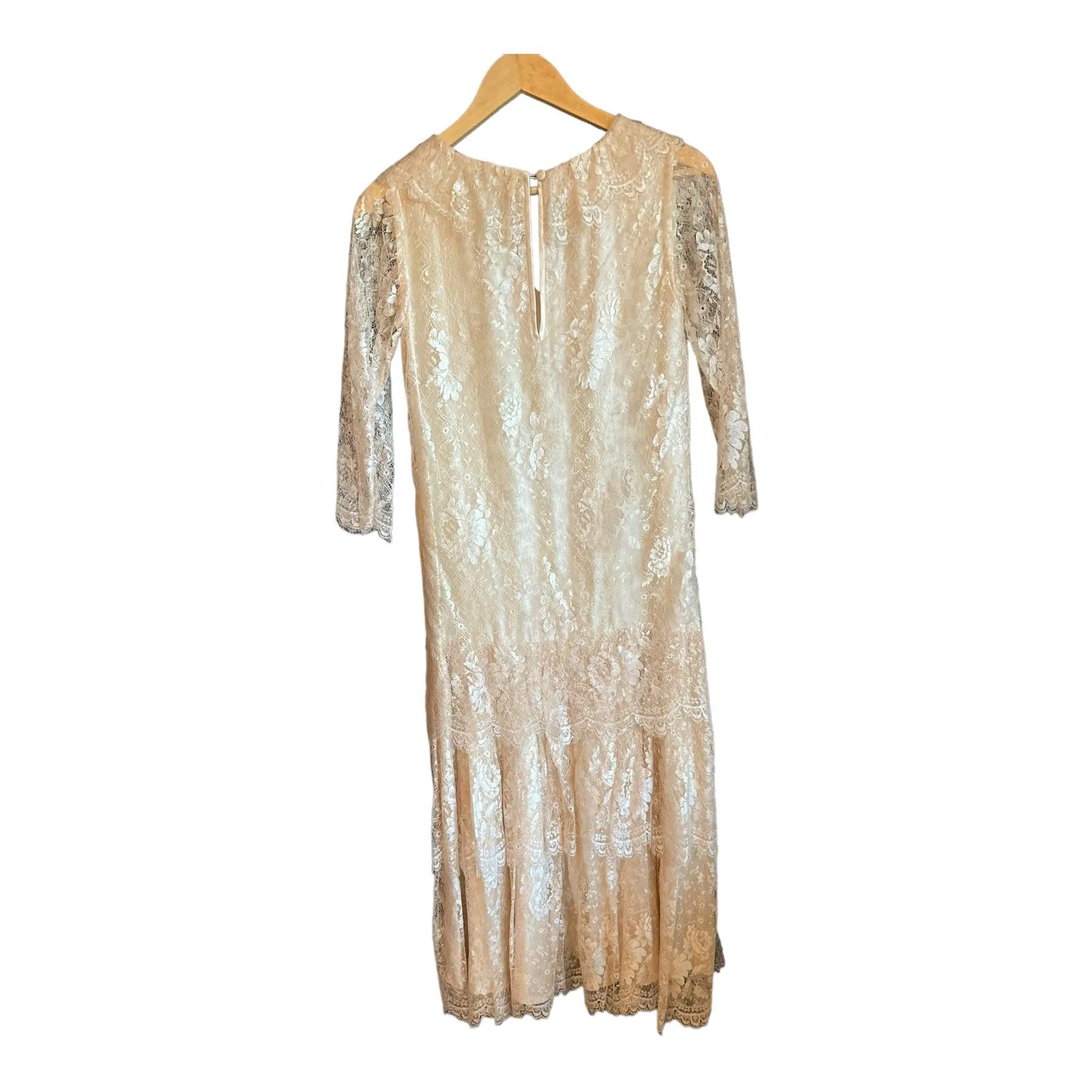 Vintage Caroline Charles London Cream Lace Overlay 3/4 Sleeve Long Line Dress UK Size 10