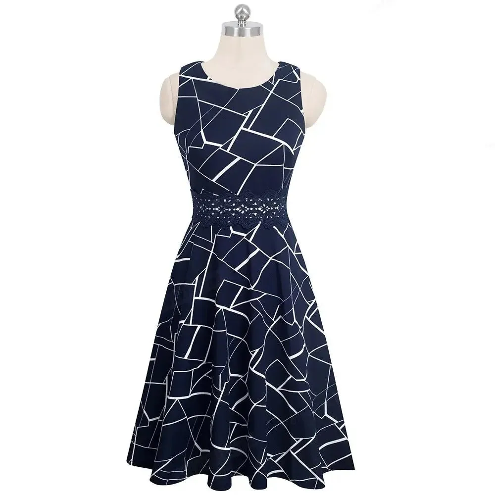 Vintage Dark Blue Elegant Floral Swing Dress