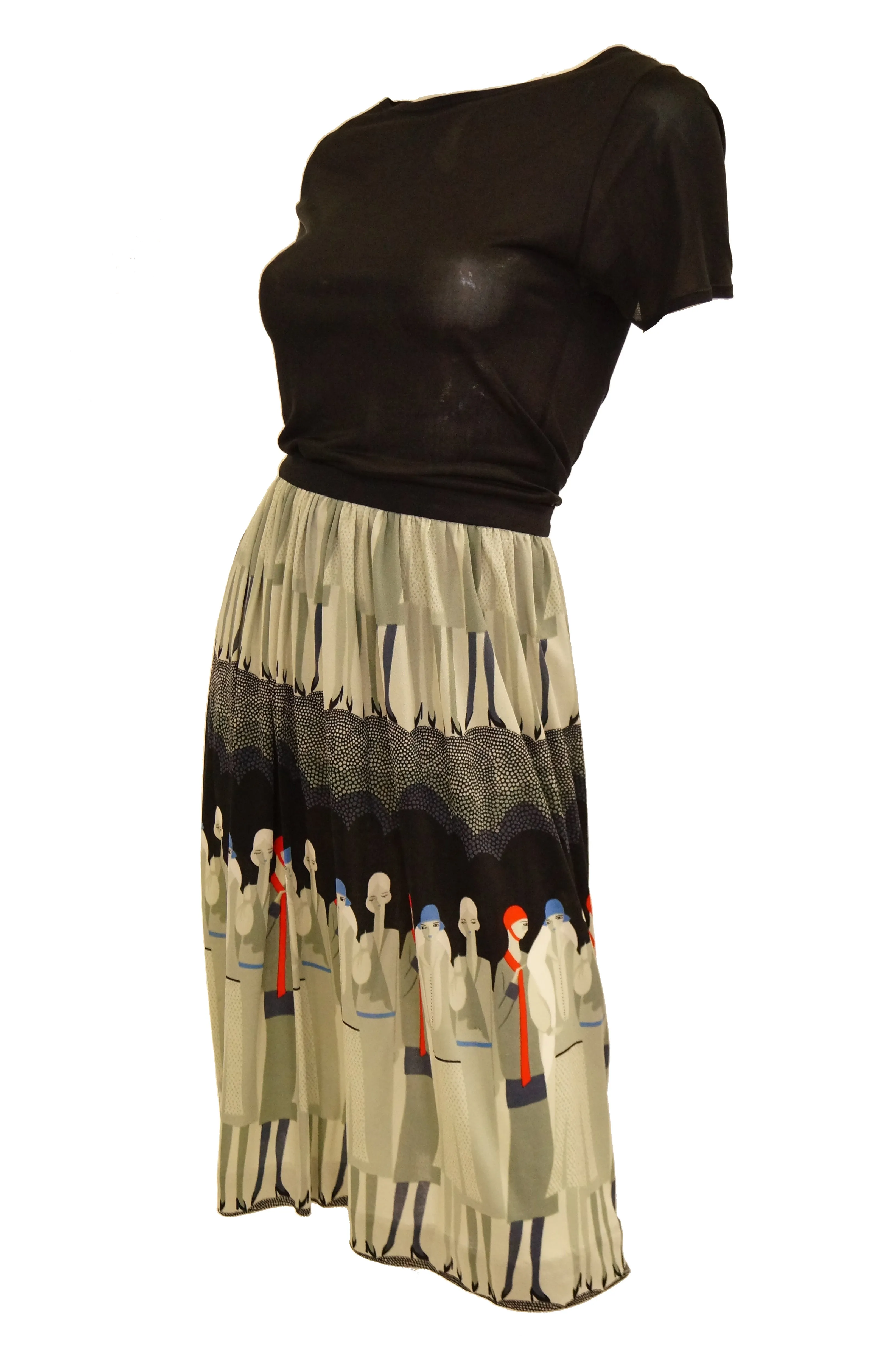 Vintage Jenast Paris Black and Olive Knit Wear 1920s Deco Print Skirt Set