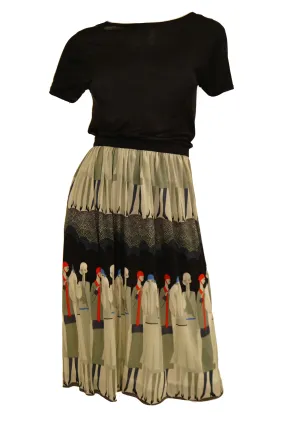 Vintage Jenast Paris Black and Olive Knit Wear 1920s Deco Print Skirt Set