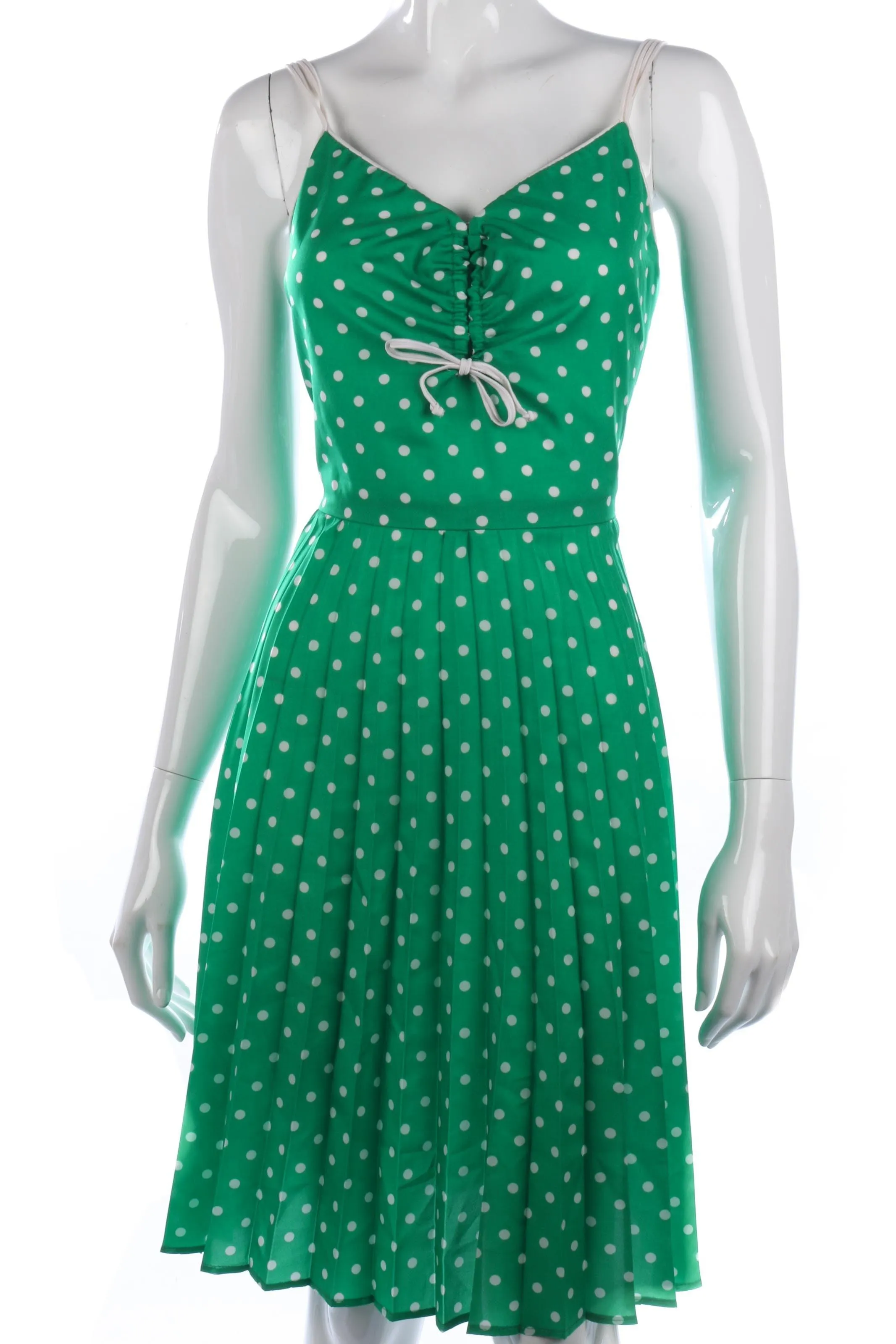 Vintage pleated 1970's green and white polkadot dress. UK size 8