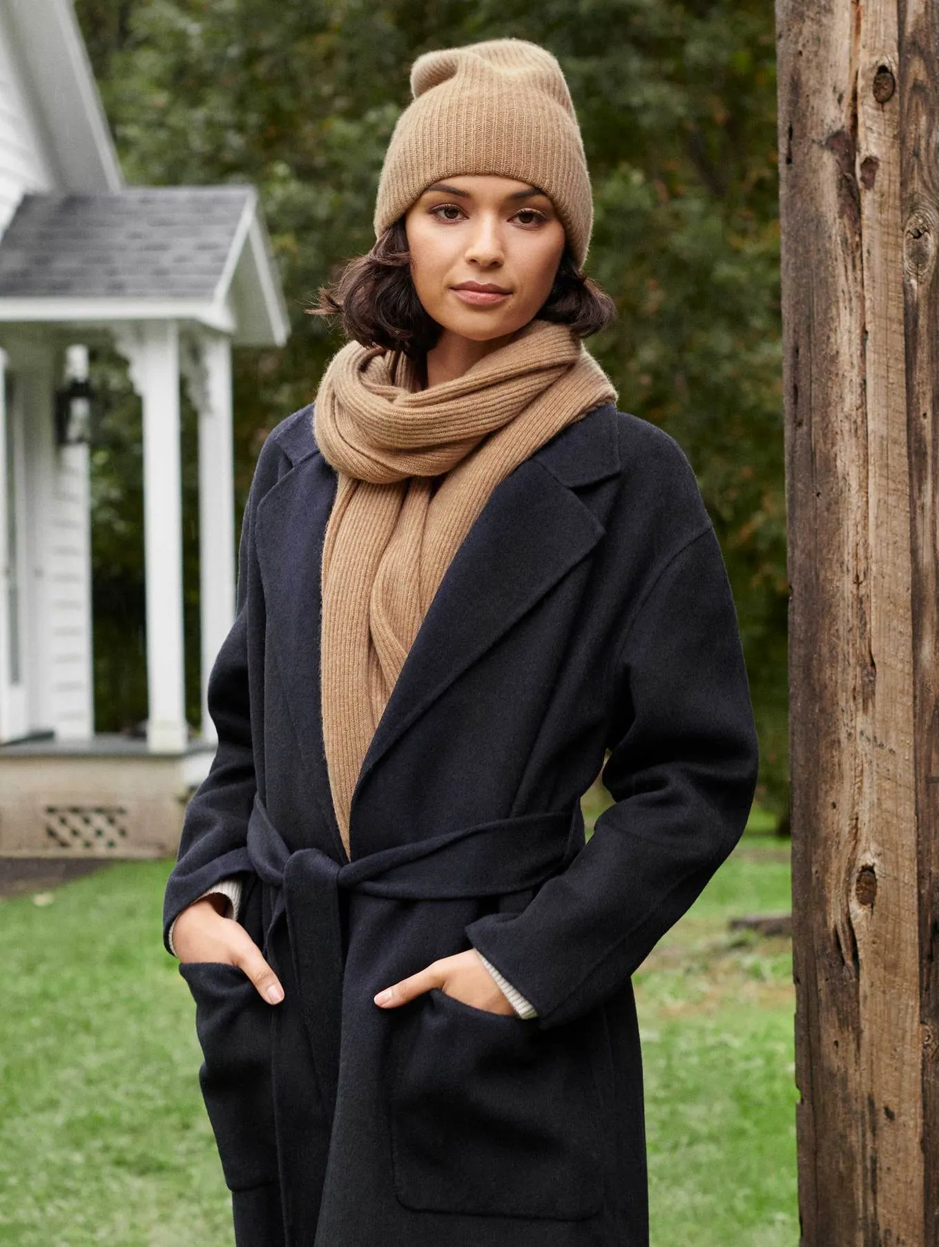 White   Warren - Cashmere Full Cardigan Scarf in Camel Heather