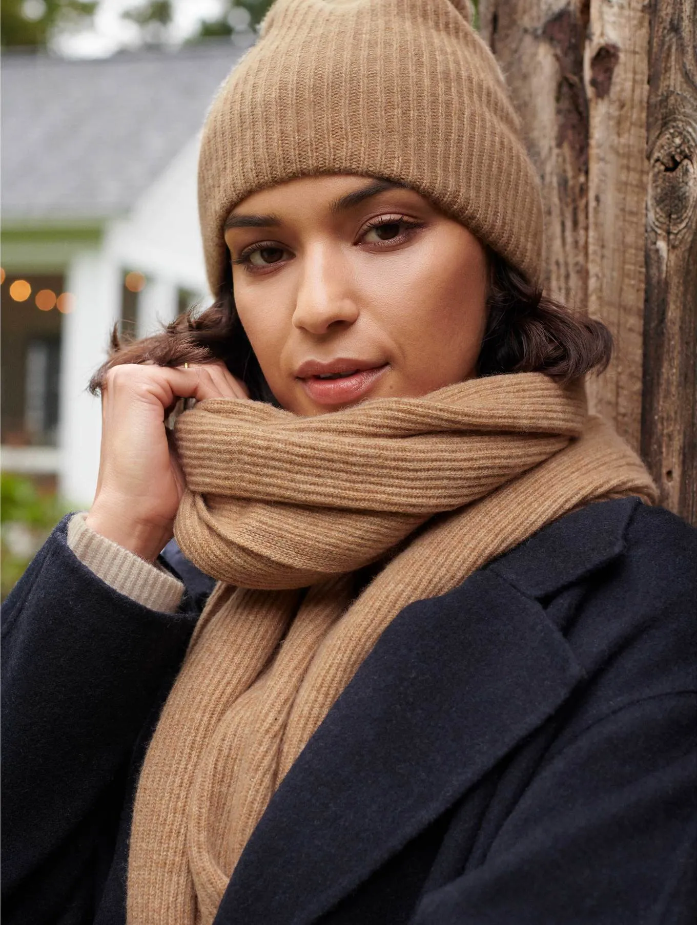 White   Warren - Cashmere Full Cardigan Scarf in Camel Heather