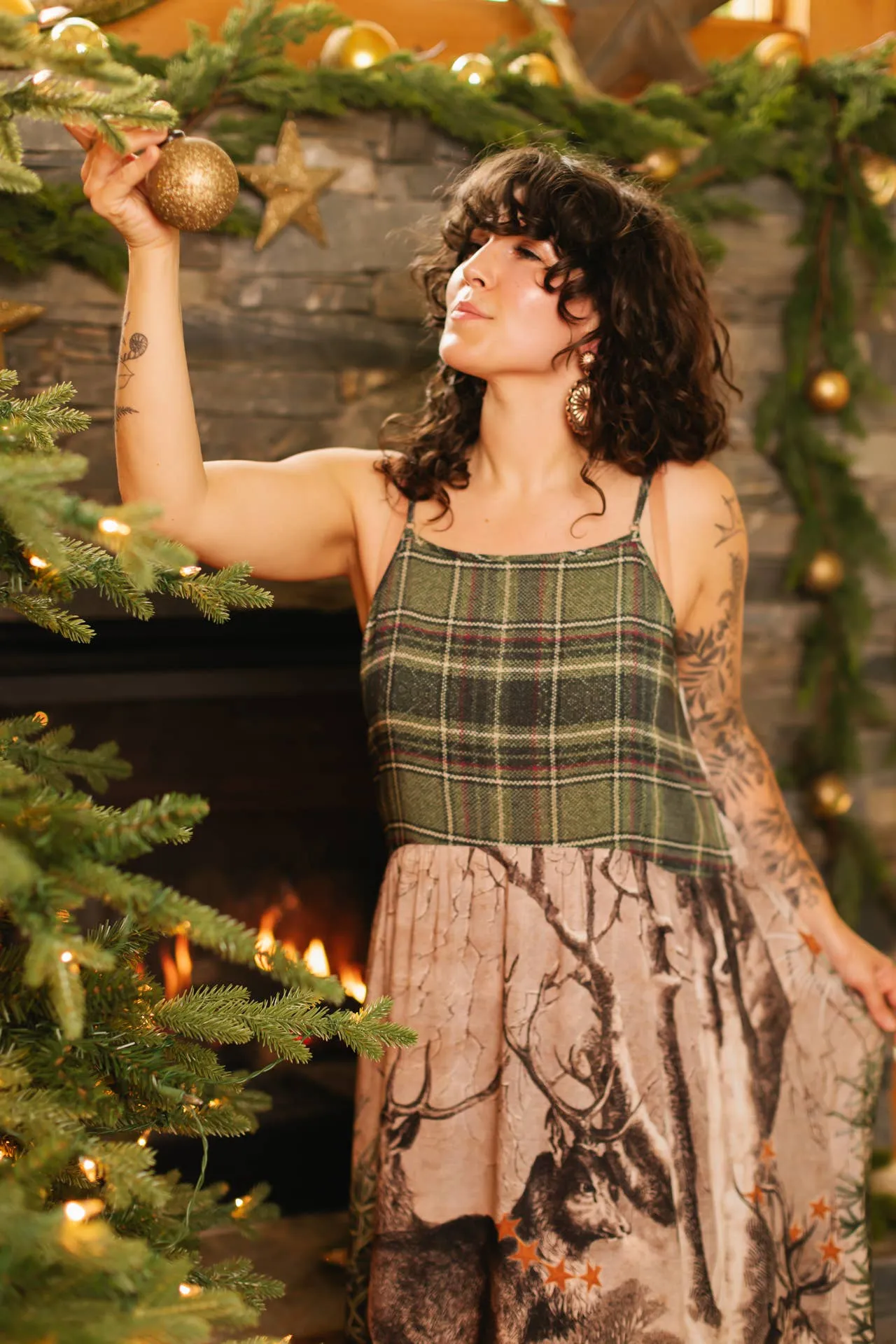 Winter Wish Christmas Plaid Bohéme Slip Dress with Deer