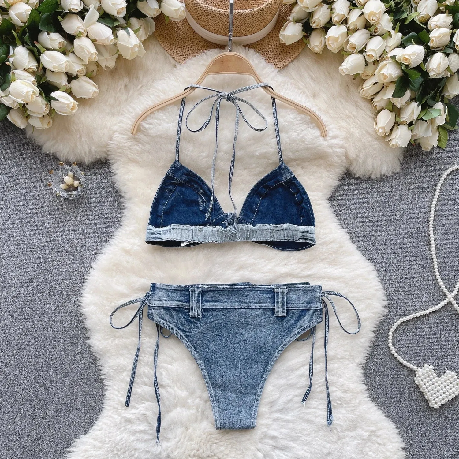 Woman Denim Underwear Suits Halter Short Bra Lace Up Thongs Sexy Hot Bikini Erotic Porn Lingerie Sets Sensual 2 Pieces Beach New