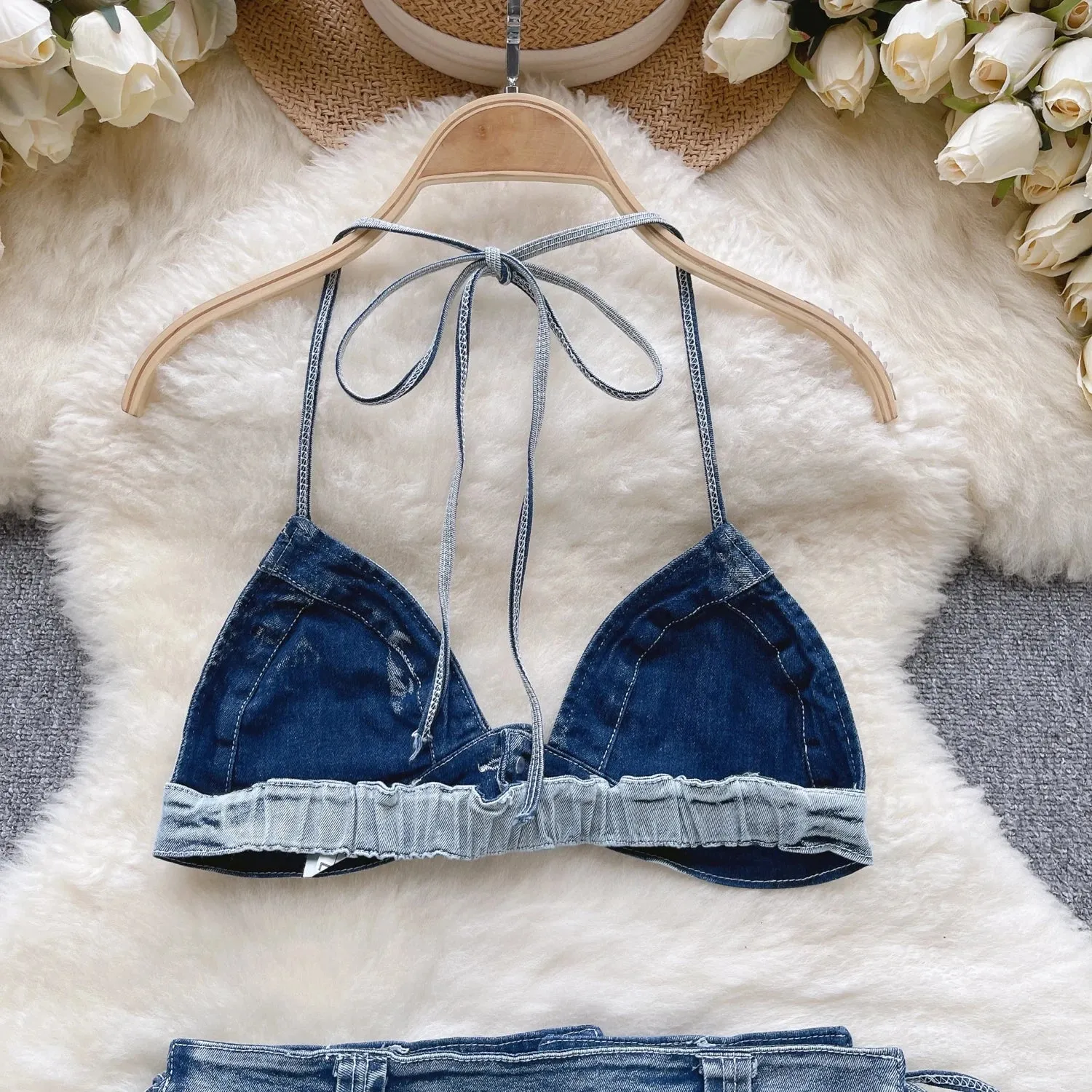 Woman Denim Underwear Suits Halter Short Bra Lace Up Thongs Sexy Hot Bikini Erotic Porn Lingerie Sets Sensual 2 Pieces Beach New