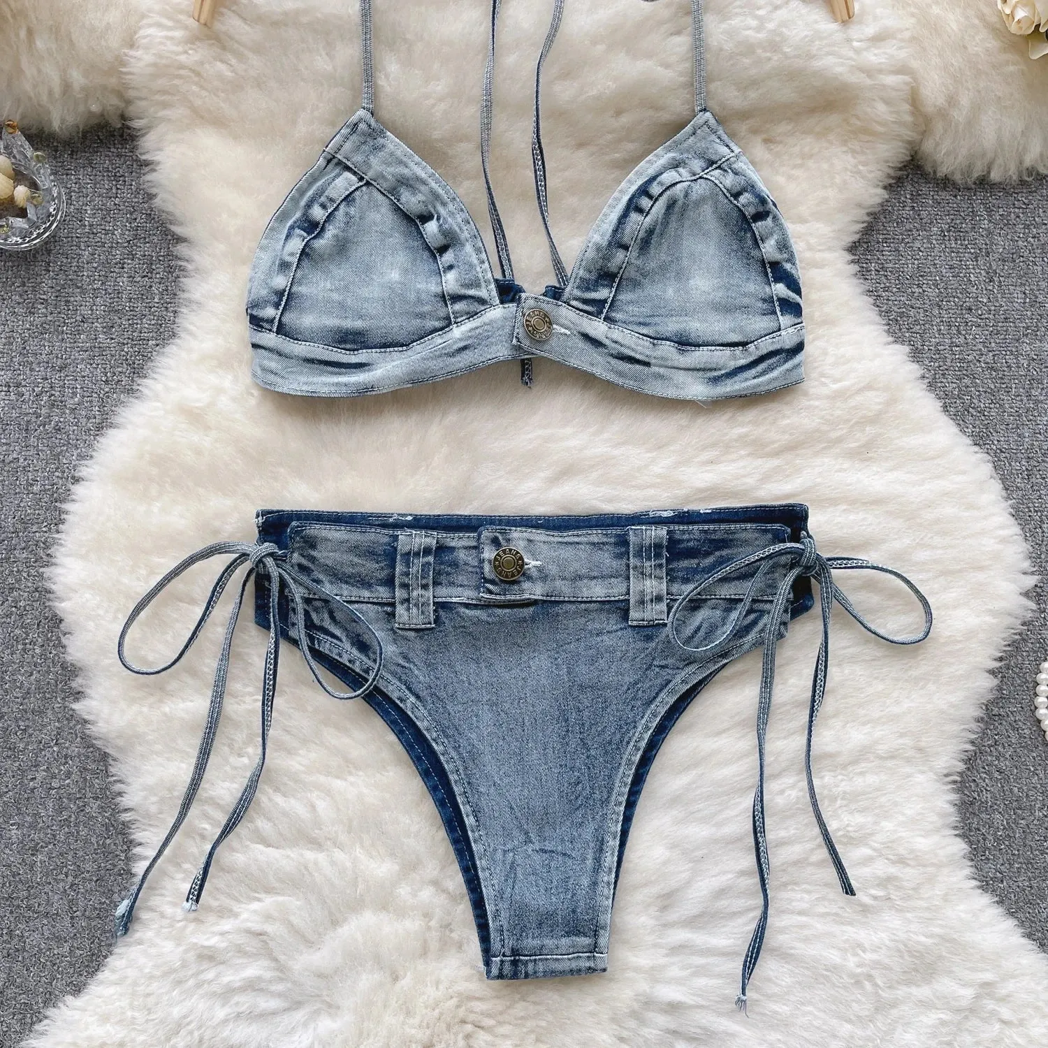 Woman Denim Underwear Suits Halter Short Bra Lace Up Thongs Sexy Hot Bikini Erotic Porn Lingerie Sets Sensual 2 Pieces Beach New