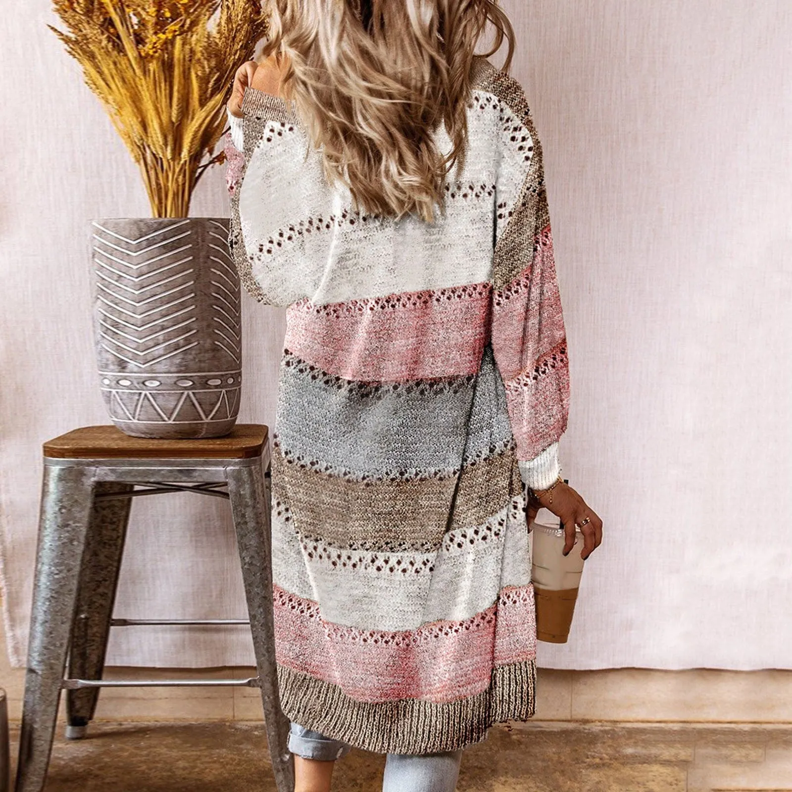 Women Cardigan Comfy Stylish Stitching Long Sleeve Striped Patchwork Sweater