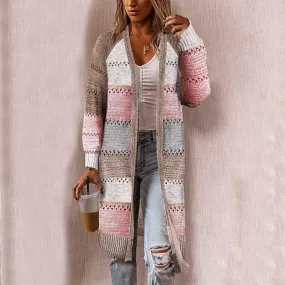 Women Cardigan Comfy Stylish Stitching Long Sleeve Striped Patchwork Sweater