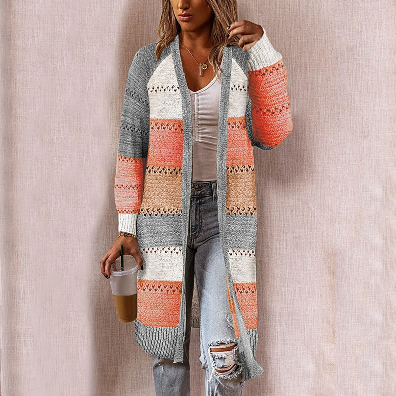 Women Cardigan Comfy Stylish Stitching Long Sleeve Striped Patchwork Sweater