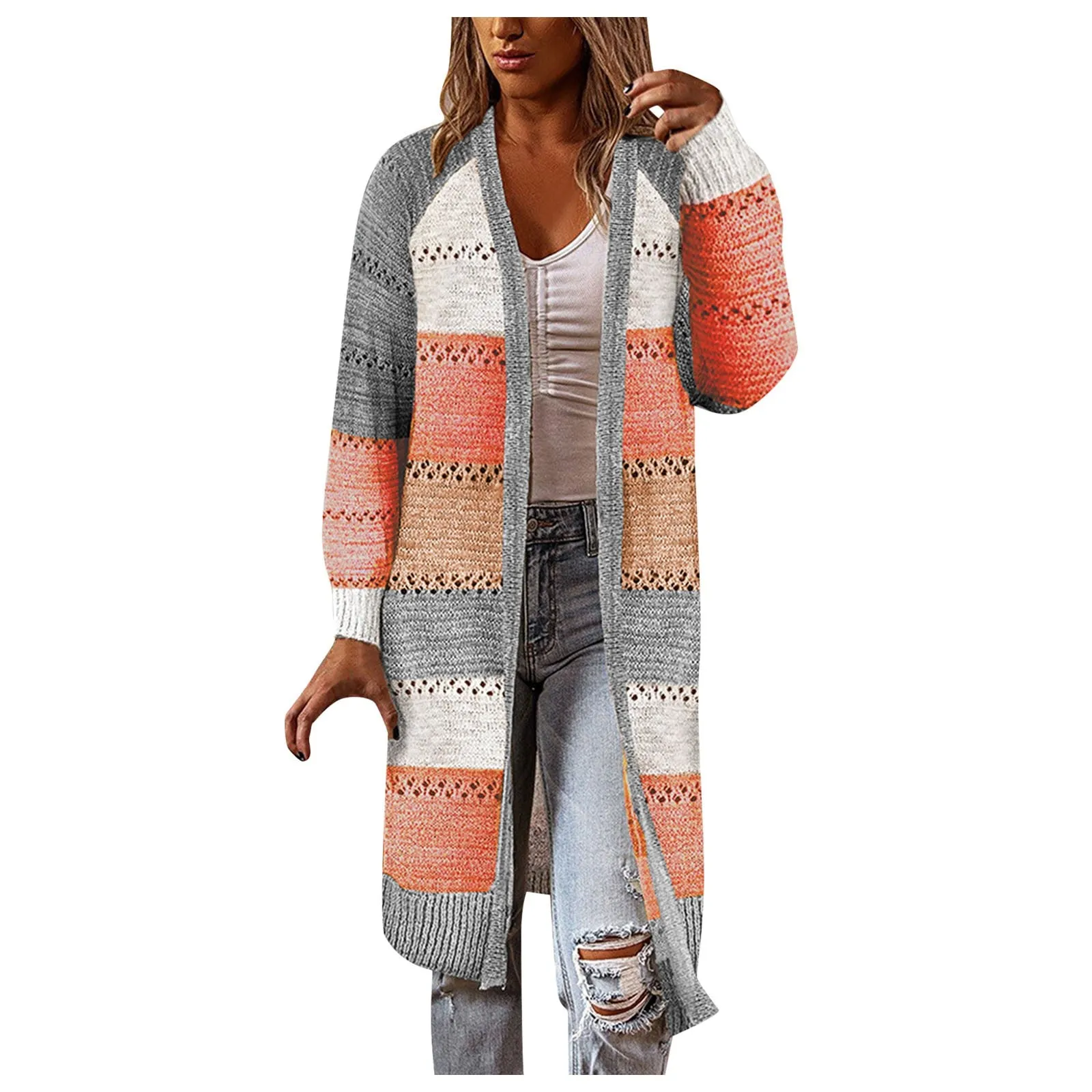 Women Cardigan Comfy Stylish Stitching Long Sleeve Striped Patchwork Sweater