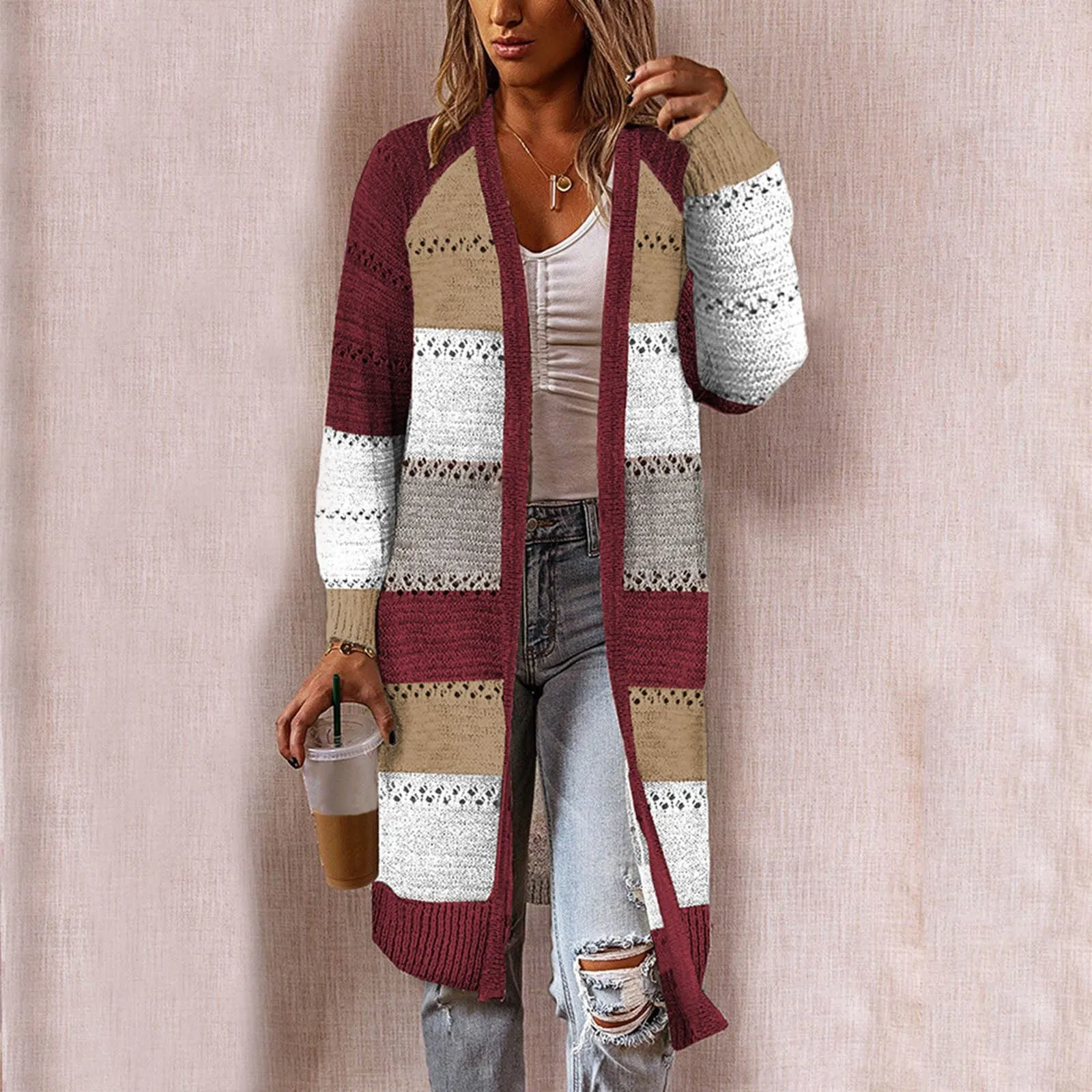 Women Cardigan Comfy Stylish Stitching Long Sleeve Striped Patchwork Sweater