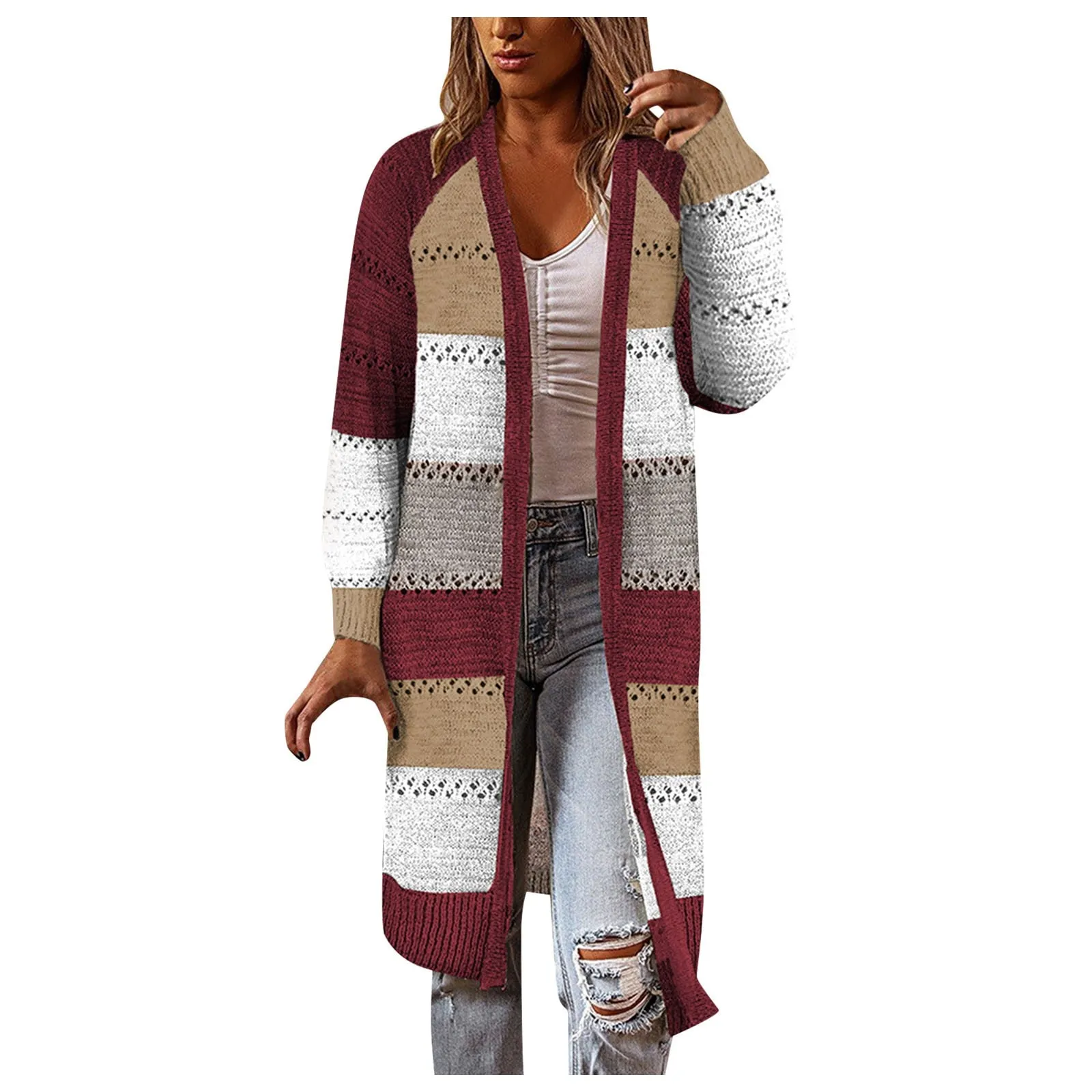 Women Cardigan Comfy Stylish Stitching Long Sleeve Striped Patchwork Sweater