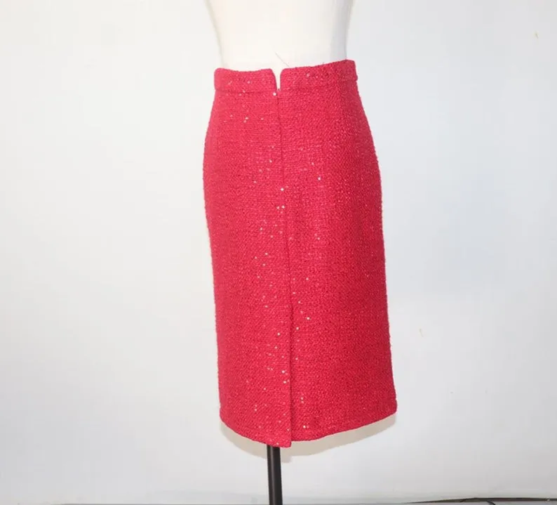 Women Designer Inspired CUSTOM MADE Tweed Sequined Jacket Blazer  Midi Skirts with a Belt 'Christmas Red'