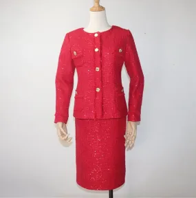 Women Designer Inspired CUSTOM MADE Tweed Sequined Jacket Blazer  Midi Skirts with a Belt 'Christmas Red'