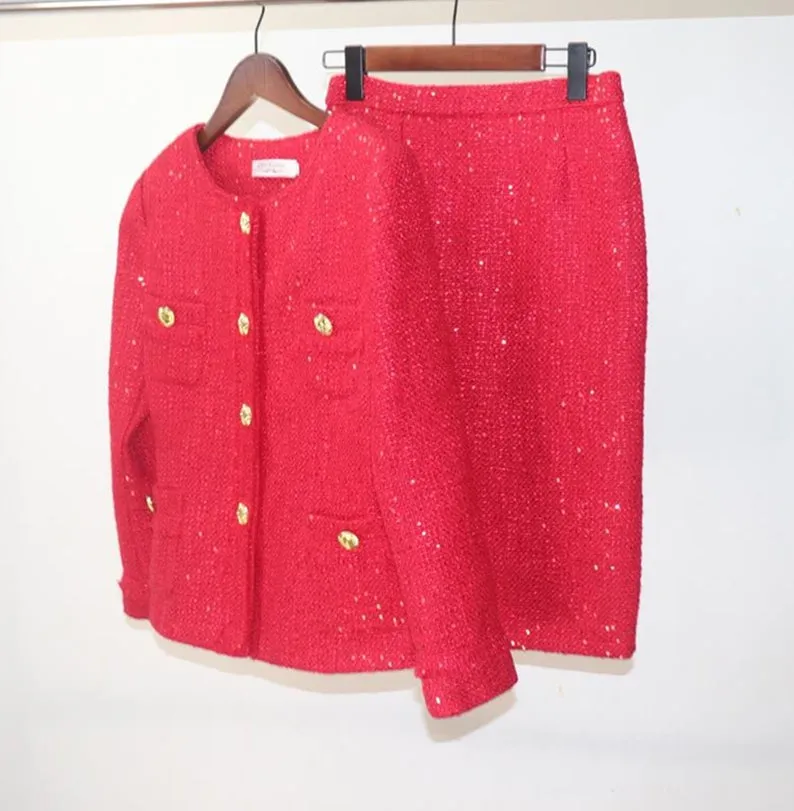 Women Designer Inspired CUSTOM MADE Tweed Sequined Jacket Blazer  Midi Skirts with a Belt 'Christmas Red'