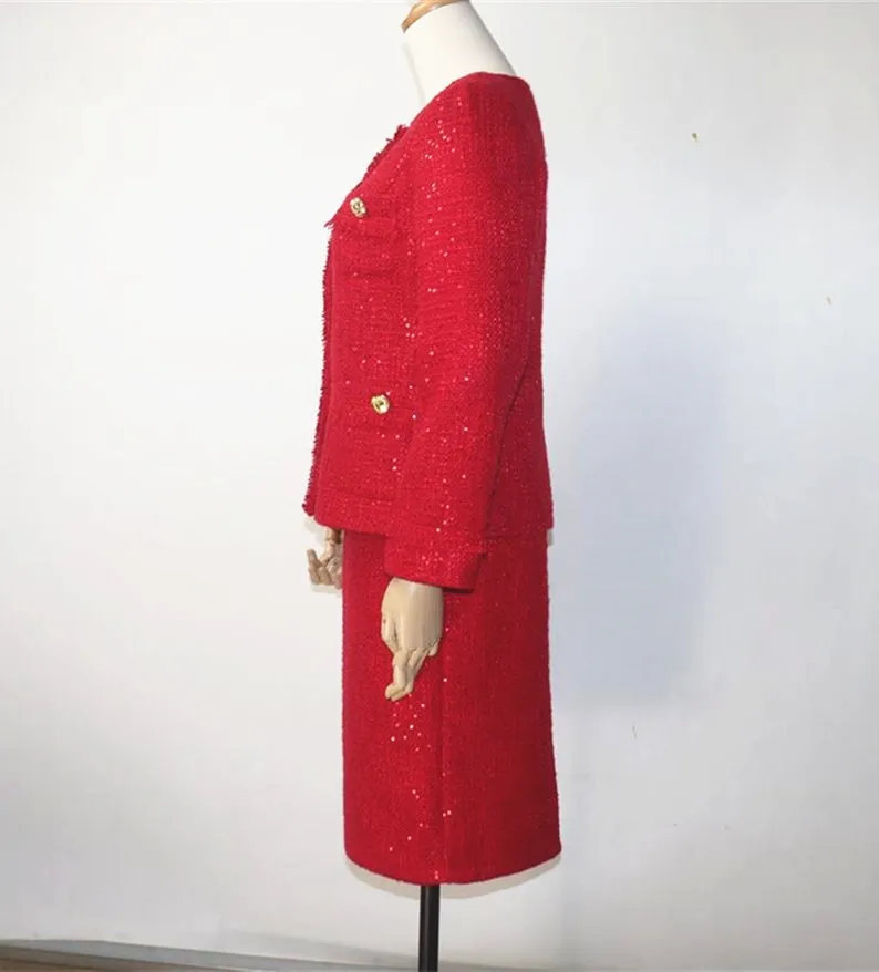 Women Designer Inspired CUSTOM MADE Tweed Sequined Jacket Blazer  Midi Skirts with a Belt 'Christmas Red'