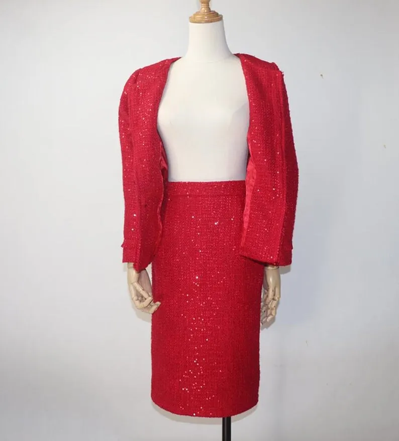 Women Designer Inspired CUSTOM MADE Tweed Sequined Jacket Blazer  Midi Skirts with a Belt 'Christmas Red'