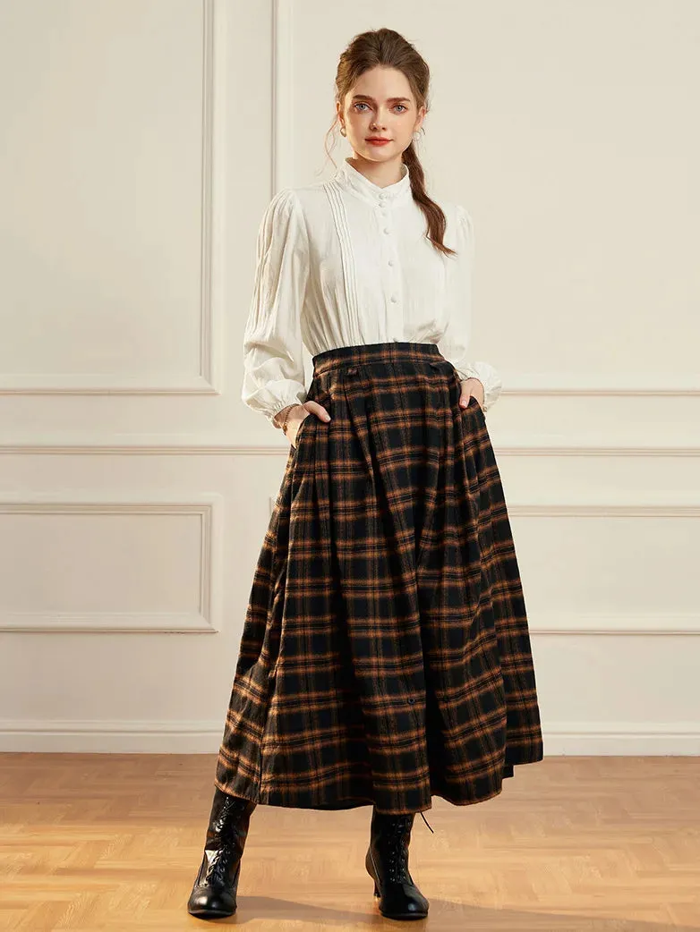 Women Plaided Buckle up Flared Swing Maxi Skirt