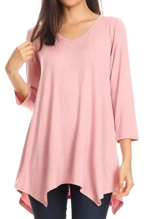 Women's Knit Asymmetrical 3/4 Sleeve V-Neck Flowy Blouse