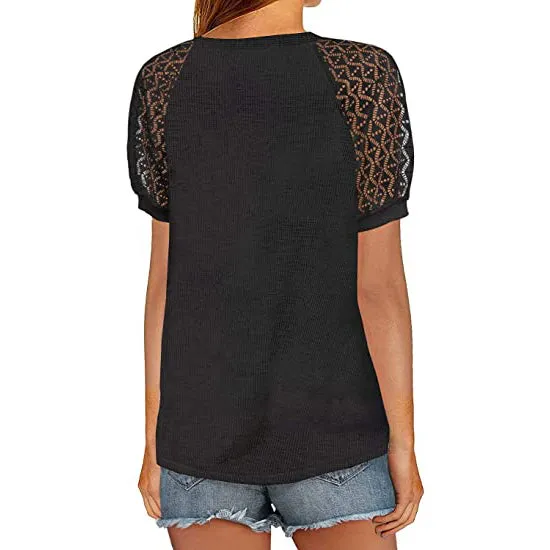 Women's Lace Short Sleeve V-Neck Top