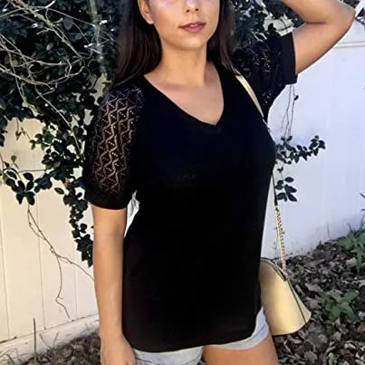 Women's Lace Short Sleeve V-Neck Top