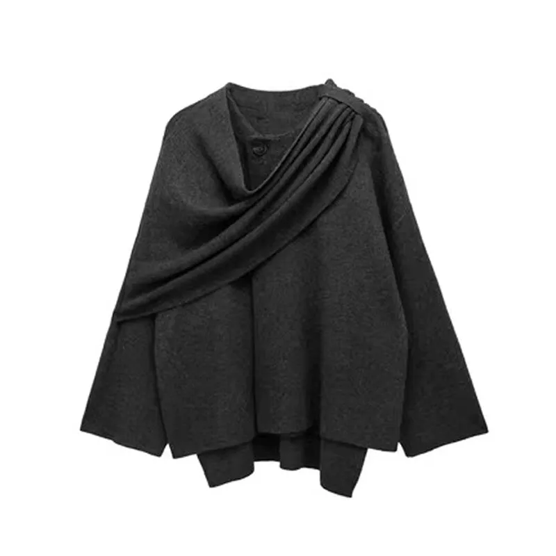 Women’s Solid Knitted Cardigan With Asymmetrical Scarf Short Coat