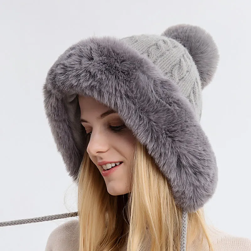 Women's Triple Pompoms Thickened Warm Knitted Hat