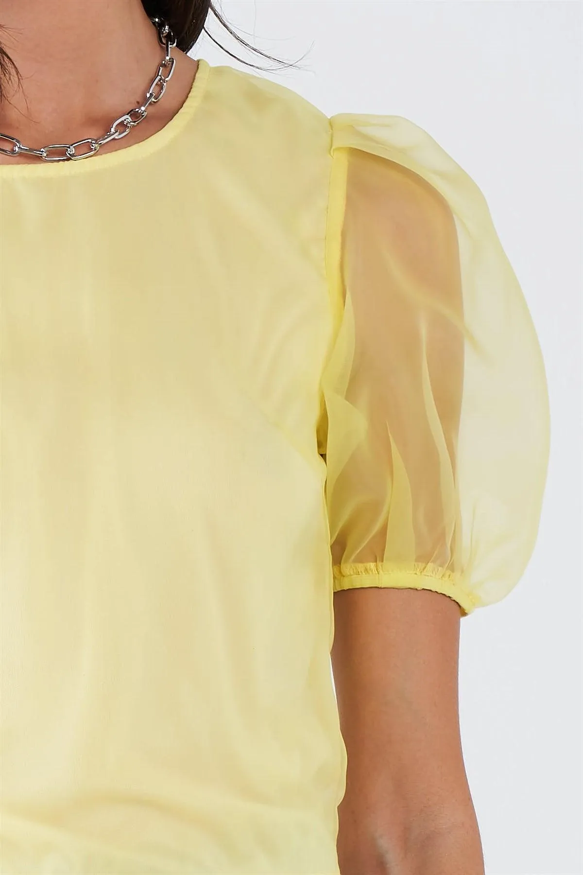 Yellow Sheer Puff Sleeve Retro Top