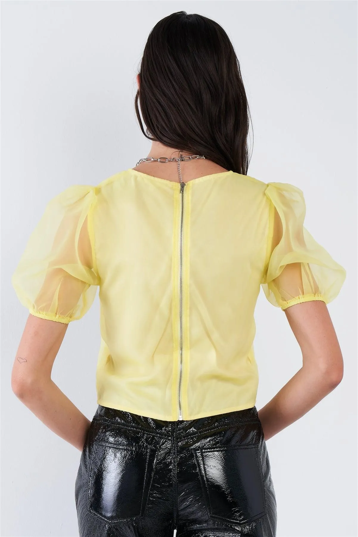 Yellow Sheer Puff Sleeve Retro Top