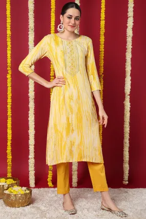 Yellow Viscose Rayon Abstract Printed Straight Kurta